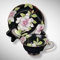 Wako China Tea Cup and Saucer Set, Black with Pink Flowers, Occupied Japan