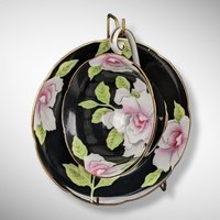 Wako China Tea Cup and Saucer Set, Black with Pink Flowers, Occupied Japan