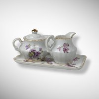 3 Piece Small Cream and Sugar Set with Purple Flowers