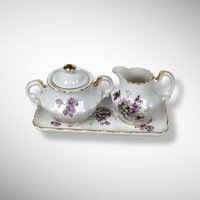 3 Piece Small Cream and Sugar Set with Purple Flowers
