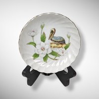 Lefton 1984 New Orleans Porcelain Trinket Dish with Pelican and Flowers
