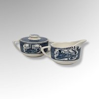 Currier and Ives Blue Cream and Sugar set with Train