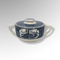 Currier and Ives Blue Cream and Sugar set with Train