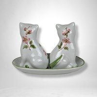 Cherry Blossom Cat Salt and Pepper on Tray