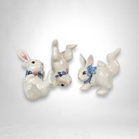 Set of 3 Ceramic White Playful Bunny Figurines