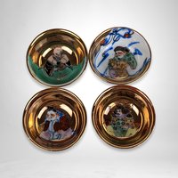 Set of 4 Exquisite Vintage Japanese Good Fortune Sake Cups with Hand-Painted Designs