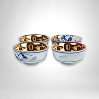 Set of 4 Exquisite Vintage Japanese Good Fortune Sake Cups with Hand-Painted Designs