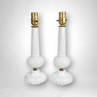 Pair of Vintage Mid Century Milk Glass Hobnail Table Lamps - Shades Not Included