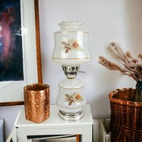 Vintage Double Light Hurricane Lamp with Painted Roses