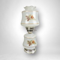 Vintage Double Light Hurricane Lamp with Painted Roses