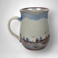 Vintage Glazed Pottery Mug with Scenery of Trees and Birds
