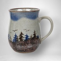 Vintage Glazed Pottery Mug with Scenery of Trees and Birds