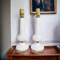 Pair of Vintage Mid Century Milk Glass Hobnail Table Lamps - Shades Not Included