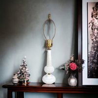 Vintage MCM Milk Glass Hobnail Table Lamp, No Shade