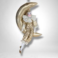 Porcelain 18" Harlequin on a Moon Doll Wall Hanging - Whimsical Decor Accent