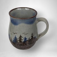 Vintage Glazed Pottery Mug with Scenery of Trees and Birds