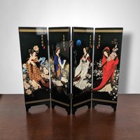 Black Laquer Asian Tabletop Hand Painted Screen