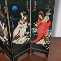Black Laquer Asian Tabletop Hand Painted Screen