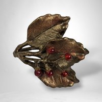 Set of 8 Vintage Brass Leaf Shaped Napkin Rings with Red Berries