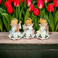 Set of 3 Ceramic Homco Angels with Instruments - Collectible Musician Figurines