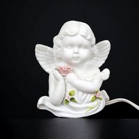 Vintage Ceramic Roman R.O.C White Cherub with Pink Flower Light: Charming Illumination