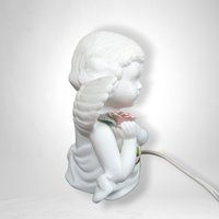 Vintage Ceramic Roman R.O.C White Cherub with Pink Flower Light: Charming Illumination