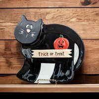 Vintage Halloween Black Cat Ceramic Serving Tray | Palm Tree | 9.5" x 10.5" | Spooky Decor | Party Platter | Excellent Condition