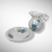 Vintage Inarco E-4542 Small Pitcher and Bowl Set with Blue Flowers