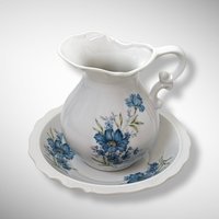 Vintage Inarco E-4542 Small Pitcher and Bowl Set with Blue Flowers
