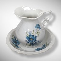 Vintage Inarco E-4542 Small Pitcher and Bowl Set with Blue Flowers