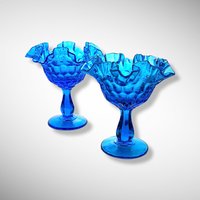 Pair of Fenton Colonial Blue Thumbprint Compotes