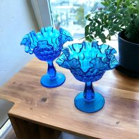 Pair of Fenton Colonial Blue Thumbprint Compotes