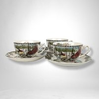 Set of 3 Johnson Bros Friendly Village Ice House Cup and Saucer Sets - Charming Collectible Tableware