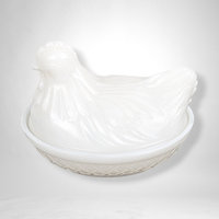 White Glass Hen on Nest Trinket Dish