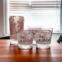 Set of 4 Currier and Ives Memory Lane Pink and White Glasses