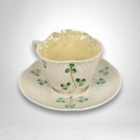 Elegant Belleek Shamrock Harp Demitasse Cup & Saucer Set