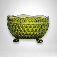 Elegant Indiana Glass Diamond Point Green Footed Bon Bon Dish
