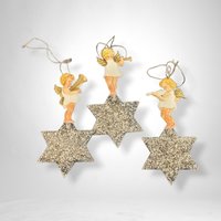Set of 3 Vintage Angels Playing Instruments on Stars Ornaments – Heavenly Holiday Decor