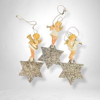 Set of 3 Vintage Angels Playing Instruments on Stars Ornaments – Heavenly Holiday Decor