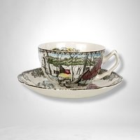 Set of 3 Johnson Bros Friendly Village Ice House Cup and Saucer Sets - Charming Collectible Tableware