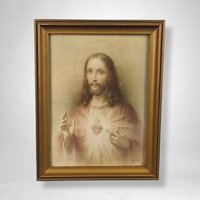Vintage Framed 9x7" Sacred Heart of Jesus Print: Religious Art Collectible
