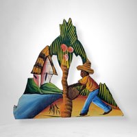 Pair of Artisan Handmade Painted Pictures Featuring Palm Trees from Haiti