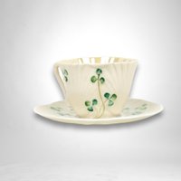 Elegant Belleek Shamrock Harp Demitasse Cup & Saucer Set