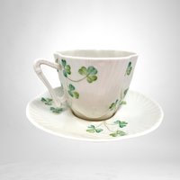 Elegant Belleek Shamrock Harp Demitasse Cup & Saucer Set