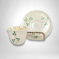 Elegant Belleek Shamrock Harp Demitasse Cup & Saucer Set