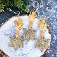 Set of 3 Vintage Angels Playing Instruments on Stars Ornaments – Heavenly Holiday Decor