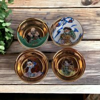 Set of 4 Exquisite Vintage Japanese Good Fortune Sake Cups with Hand-Painted Designs