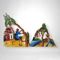 Pair of Artisan Handmade Painted Pictures Featuring Palm Trees from Haiti