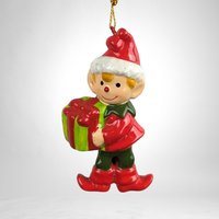 Charming Vintage Ceramic Elf with Present Christmas Ornament