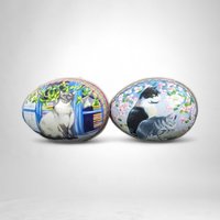 Vintage Cat-Themed Egg Shaped Tin Duo